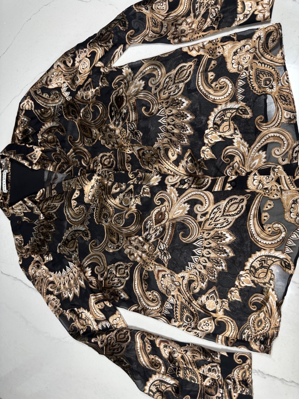 Alice + Olivia Black Top with Metallic Paisley Trim